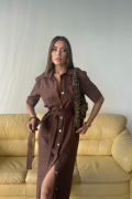 TENCEL ÖNDEN DÜĞMELİ KISA KOL ELBİSE - Kahverengi resmi